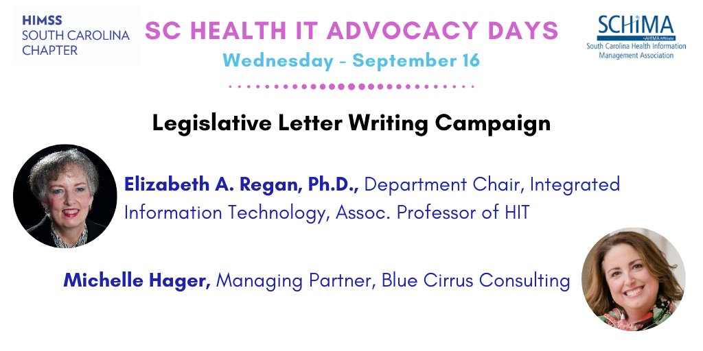SCHIMSS's tweet photo. Closing out SC Health IT Advocacy Days organized by #SCHIMSS and #SCHIMA, Elizabeth Regan and Michelle Hager will share information about South Carolina's Legislative Letter Writing Campaign.
Still time to register at https://t.co/D0wokFvqid
#HIMSS https://t.co/V0yj73Hw9P