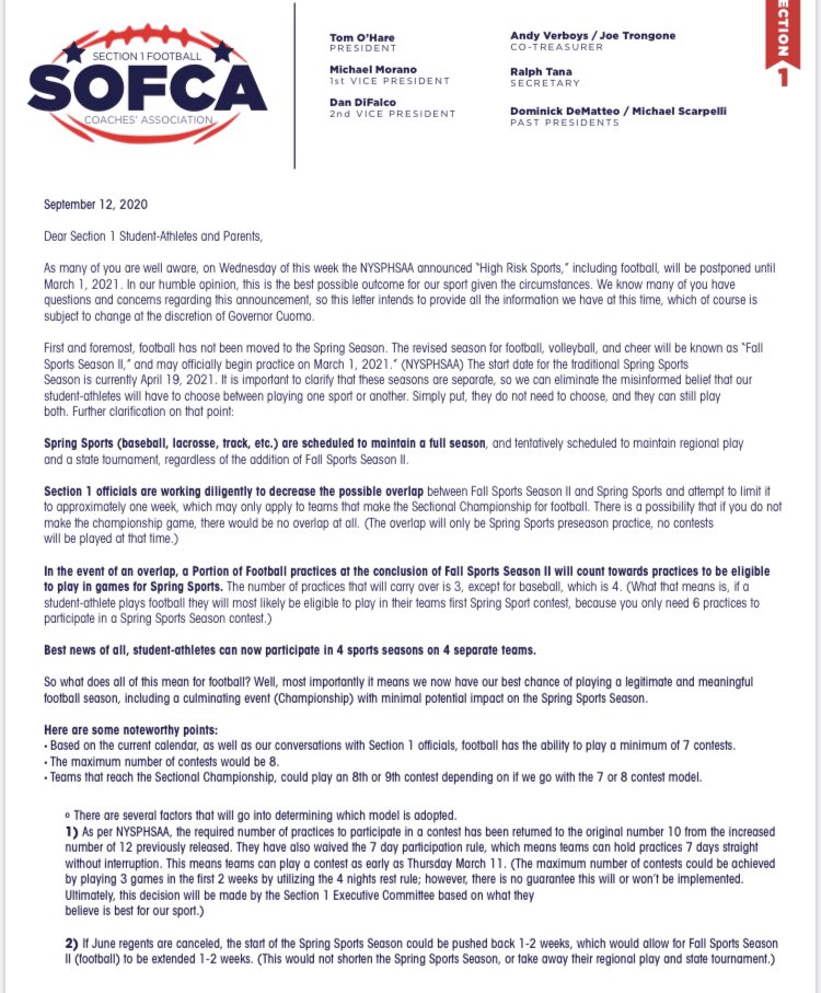 MahopacFB's tweet photo. ATTENTION @MahopacFB student-athletes &amp; parents!!! Please read letter from @SecOneAthletics 🏈 Coaches’ Association. Summary of @NYSPHSAA guidance &amp; what it all means. #SOFCA @MahopacSchools @Mahopac_AD @PacFootballMSA @KDJmedia1 @lohudinsider @DirectRays @HVSportsReport https://t.co/ck0ROlAb5G