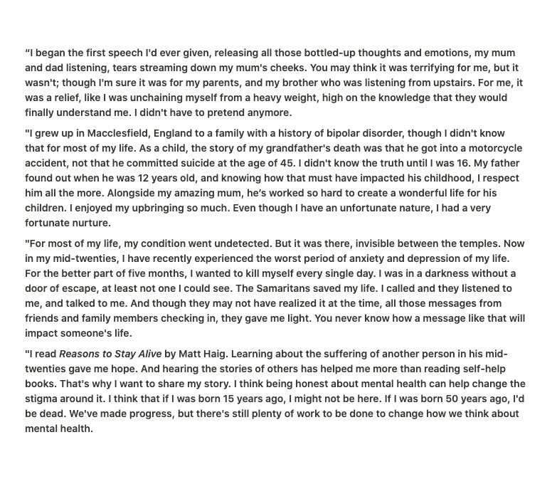 MomentsMade's tweet photo. "If I can come back from wanting to kill myself every single day, and from twice trying and failing, I know that others can, too." https://t.co/uNJY5Mt5mL