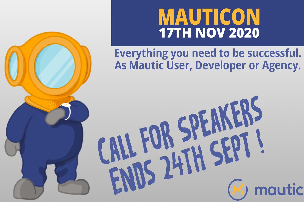 We have opened the Call for Speakers for the first ever #MautiCon - to be held virtually on 17th November 2020! 

We invite speakers to submit proposals before the 25th September - we plan to offer multilingual tracks.

Read more and submit here: sessionize.com/mauticon-2020 #Mautic