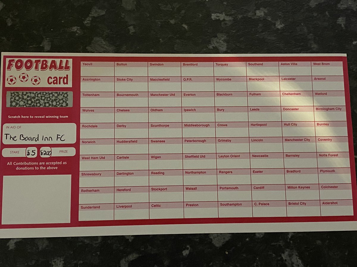 We are running a football card to generate some much needed sponsorship for the club. £5 a team with £200 for the winner and £200 for the club. If anyone would like a team DM me for bank or PayPal details. Cheers The Board Inn FC