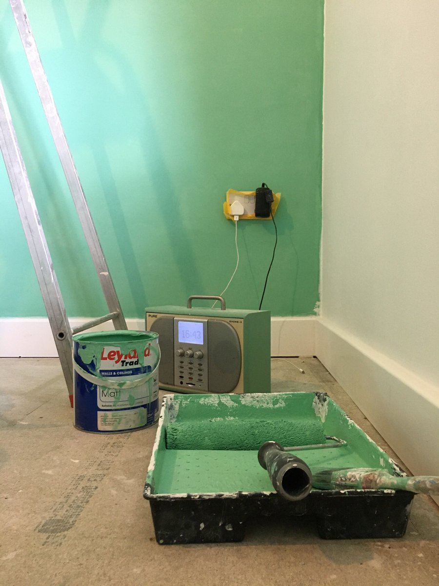 RFDReynolds's tweet photo. Painting walls in a client match of Little Greene’s Green Verditer. Similar to my radio which I renovated in F&amp;B Arsenic. https://t.co/BLxkFMNakx