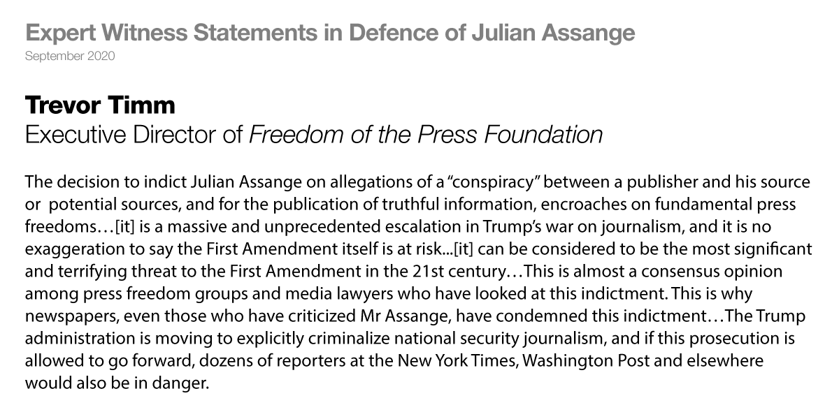  #AssangeCase  of the testimonies of the expert witnesses that the US / CPS didn’t want us to hear from.  @trevortimm of the  @FreedomofPress foundation Witness statement  https://defend.wikileaks.org/wp-content/uploads/2020/09/Trevor-Timm-statement.pdf+  @craigmurray’s account of his court appearance  https://www.craigmurray.org.uk/archives/2020/09/your-man-in-the-public-gallery-assange-hearing-day-8/1/
