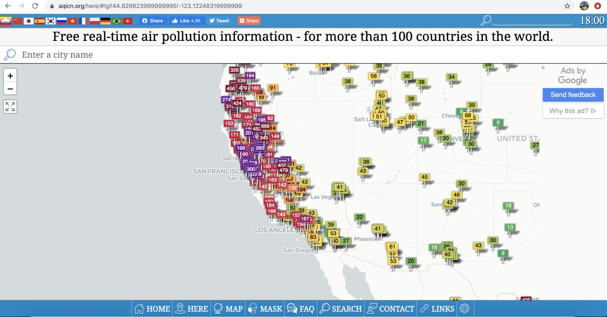 Granted, CA has a lot more - and bigger - population centers, but of their top 10, only LA, Long Beach, Anaheim, and Fresno were within 30 miles. And their air quality is more varied, but looks to be mostly in the “unhealthy” to “very unhealthy” range.  #CaliforniaFires