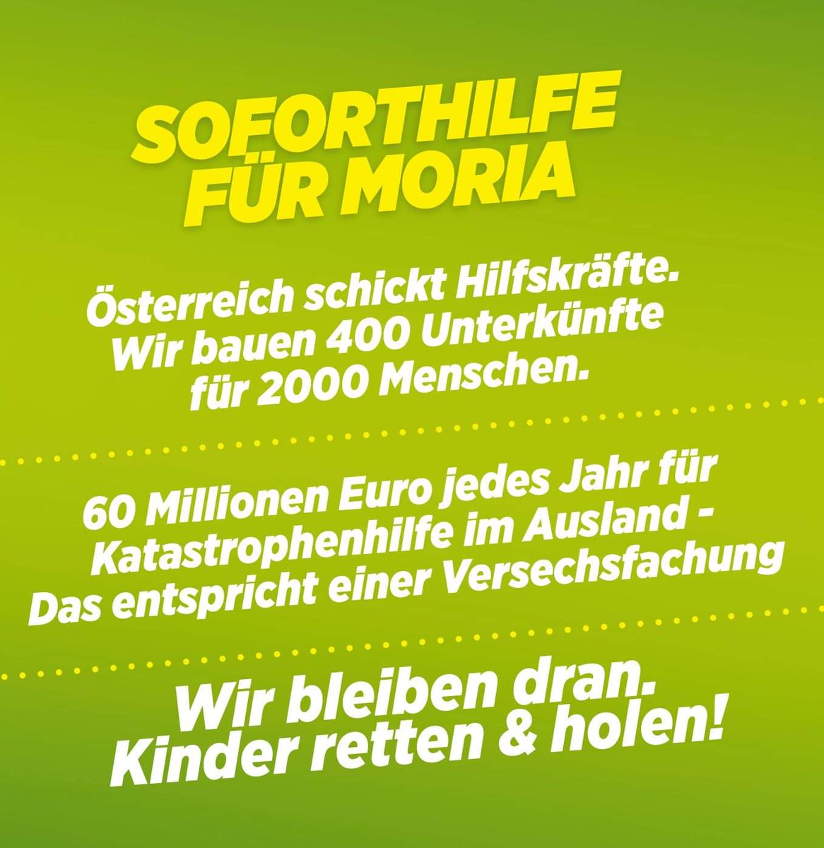 Würde man die Kinder sofort holen, hätten sie schneller ein Dach über dem Kopf als 400 Unterkünfte gebaut sind. Es ist ein erster Schritt. wir haben noch eine lange to do Liste vor uns, liebe @Gruene_Austria und ÖVP‼️‼️‼️

Aber wenigstens ist die FPÖ nicht in der Regierung. 😜
