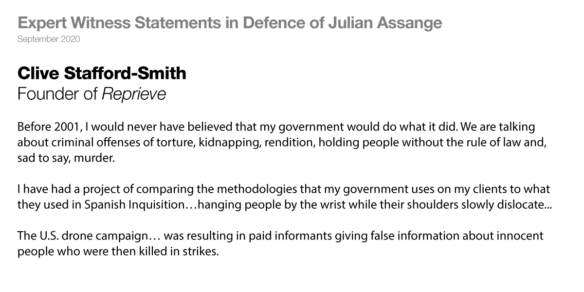  #AssangeCaseof testimonies continues with  @CliveSSmith founder of  @Reprieve Expert witness testimony at  https://defend.wikileaks.org/wp-content/uploads/2020/09/Clive-Stafford-Smith-witness-statement.pdf @CraigMurrayOrg’s account of his day in court  https://www.craigmurray.org.uk/archives/2020/09/your-man-in-the-public-gallery-assange-hearing-day-7/2/