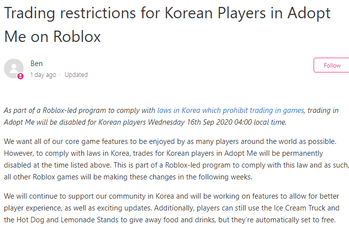 Rtc On Twitter News Adopt Me Trading Is Going To Be Banned In South Korea Making It S Player Base Loose Out On A Lot No This Is Not A Joke Many Players - top roblox how to not get banned hot roblox how to not get