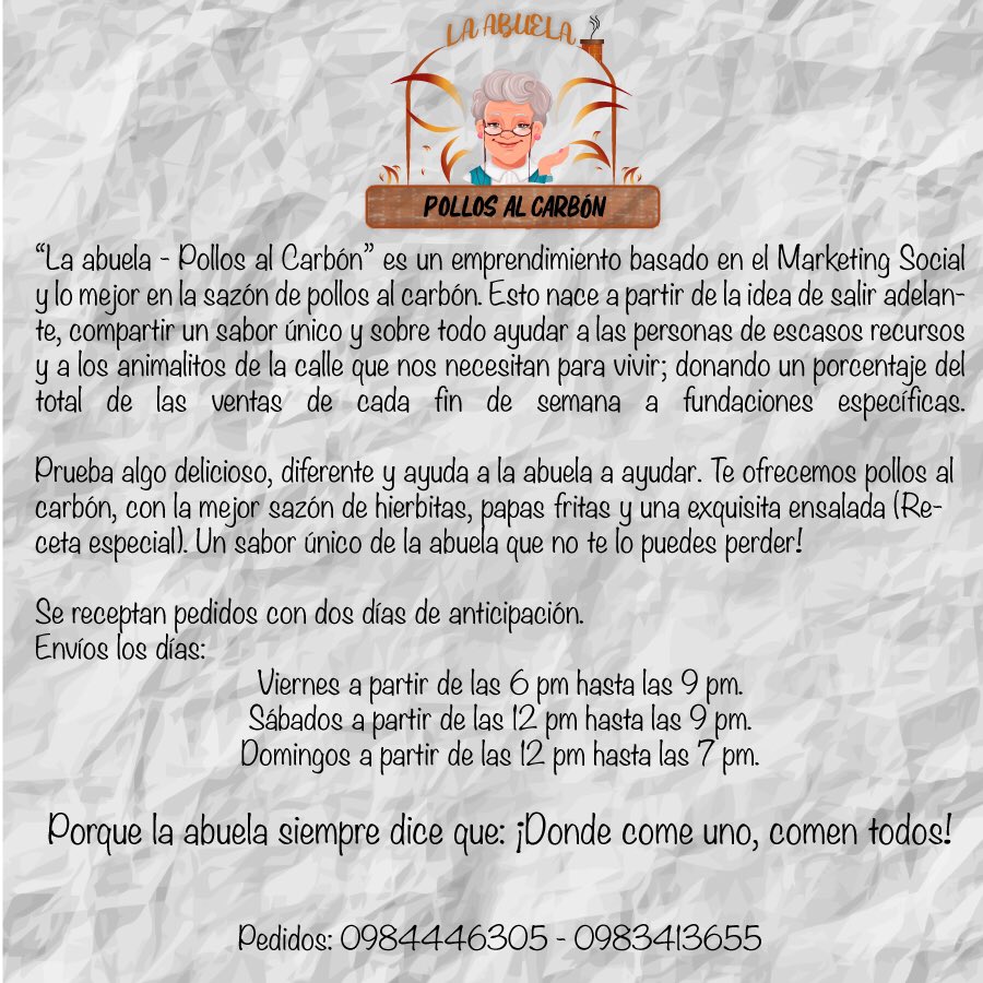 CamiiPinos's tweet photo. Debido a la pandemia y falta de empleo con mi novio @SantiOrtega33 decidimos emprender un negocio de pollos al carbón”LA ABUELA”basado en ayuda social tanto para las personas de escasos recursos como para los animalitos de la calle
Ayúdanos a ayudar y prueba esta delicia 😋Rt🔁 https://t.co/zVnBHzFCyl