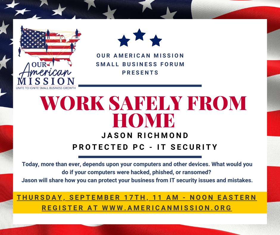 LeaStrickland's tweet photo. IT Security is crucial for every business. Small businesses need tools &amp; services that protect their devices &amp; information. Join OAM on Thursday, September 17th at 11 am Eastern for Work Safely from Home presented by Jason Richmond.

Register at https://t.co/GSBr2iLGgE. https://t.co/HuLOL5M0ae