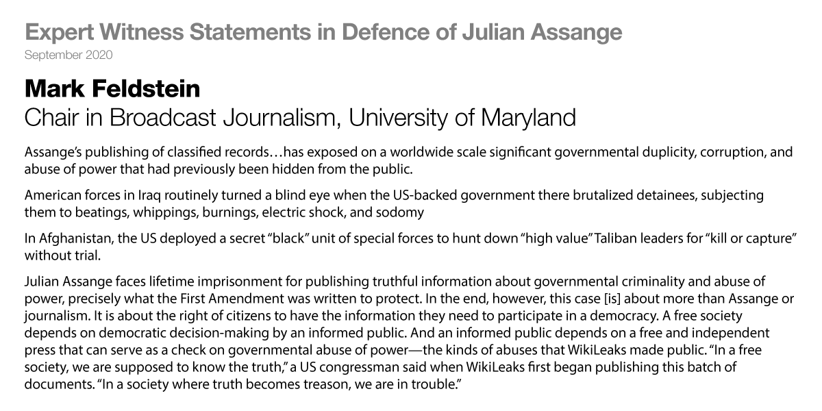  #AssangeCaseof expert witness testimonies continues with Prof Mark Feldstein, Chair in Broadcast Journalism at the University Of Maryland Expert witness testimony:  https://defend.wikileaks.org/wp-content/uploads/2020/09/Mark-Feldstein-witness-statement.pdf @CraigMurrayOrg’s account of the day in court at  https://www.craigmurray.org.uk/archives/2020/09/your-man-in-the-public-gallery-assange-hearing-day-7/4/