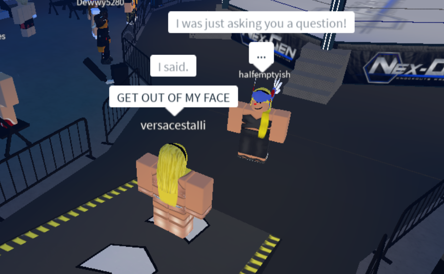 NGKWRoblox's tweet photo. NGKW - 12/09/2020!
POST MATCH INTERVIEW!
Jelaminah Flair is interviewed by Belle Neidhar-
OH MY GOD she's just pushed Belle out the ring!
Belle shrugs it off and shoves her back-
AND JELAMINAH FLAIR HAS DROPPED BELLE NEIDHART....
What has gotten into 'The Queen'?
#NGKW https://t.co/5MNHJW1noU