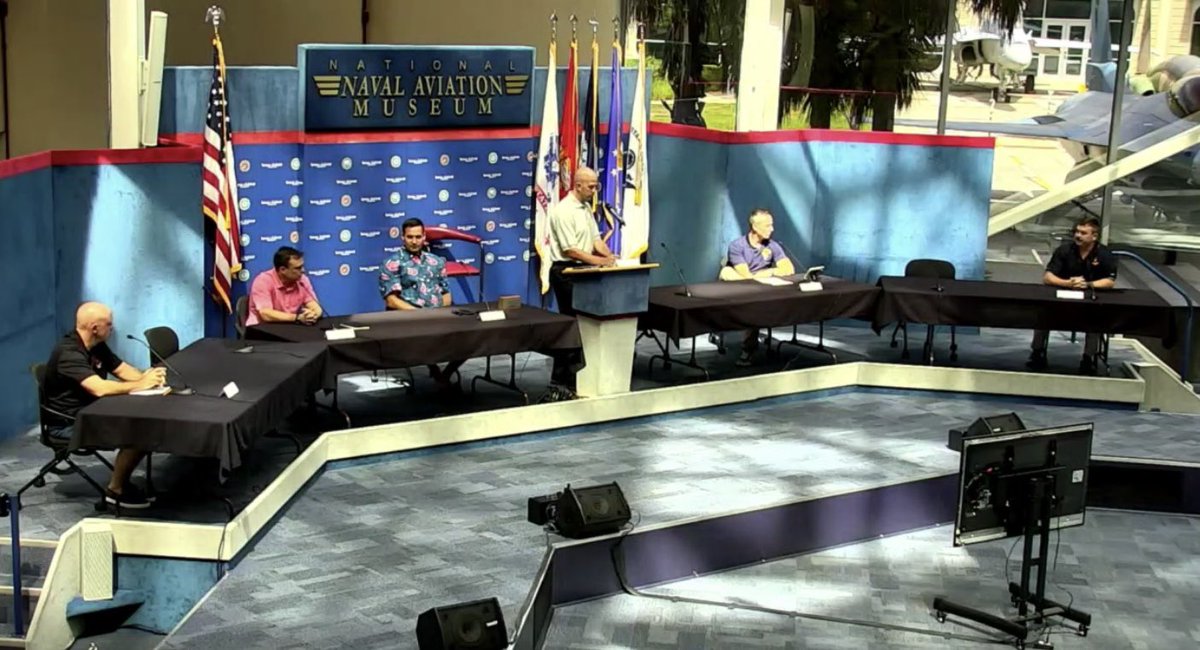 CNATRA's tweet photo. Commodore, Training Air Wing SIX Capt. Scott "Mongo” Janik leads the Naval Aviation Present panel during #VHook20 at the National Naval Aviation Museum, NAS Pensacola, Florida. @NASPCOLA @flynavy @flymcaa #CNATRA https://t.co/1qHiqDEFaH