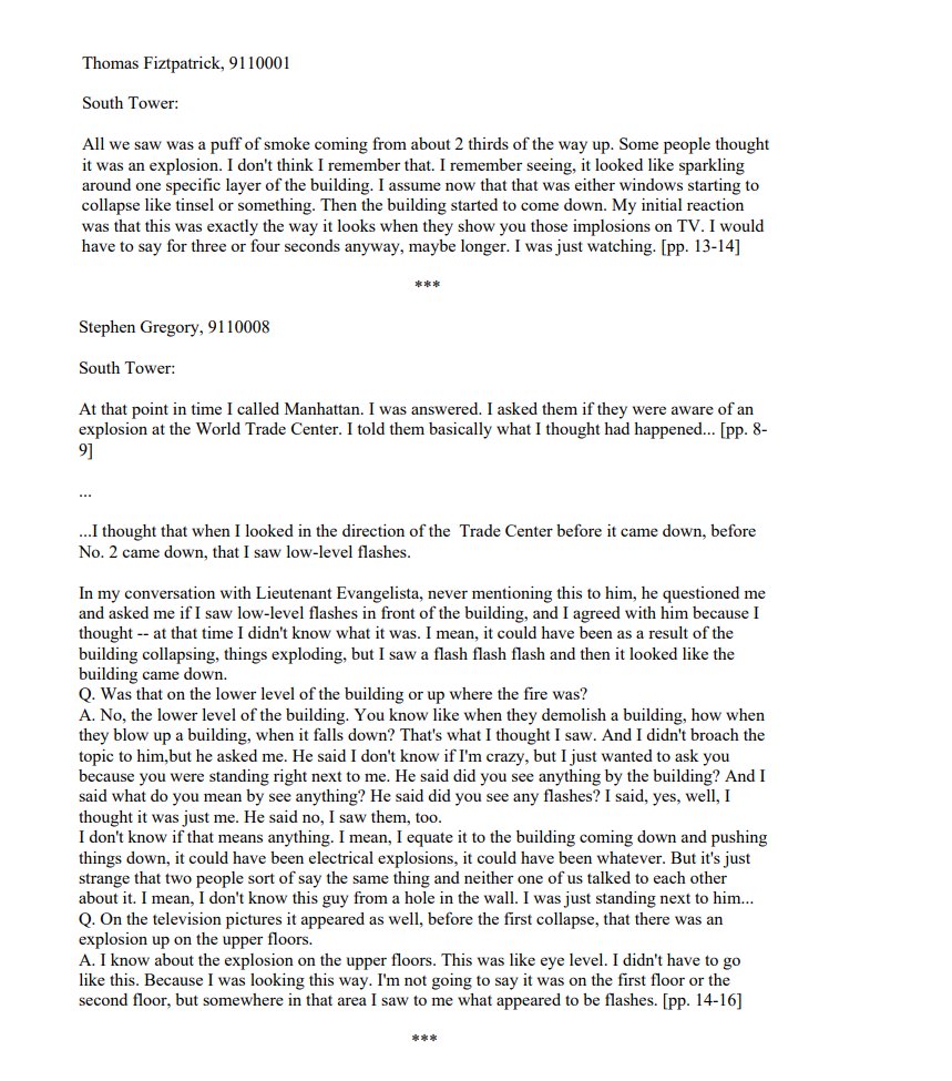 9/11 firefighters:"I thought it was a bomb""this was exactly the way it looks when they show you those implosions on TV""Lt. Evangelista… asked me if I saw low-level flashes… and I agreed with him… You know like when they demolish a building? That's what I thought I saw."