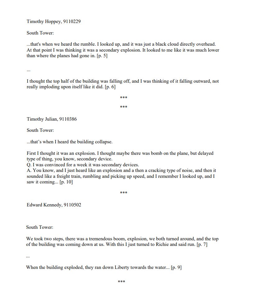 9/11 firefighters:"I thought it was a bomb""this was exactly the way it looks when they show you those implosions on TV""Lt. Evangelista… asked me if I saw low-level flashes… and I agreed with him… You know like when they demolish a building? That's what I thought I saw."
