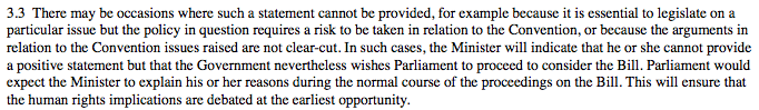The same 1997 white paper acknowledged that sometimes a "statement of compatibility" couldn't/shouldn't be made.This happens where there is a "risk" of non-compliance with the ECHR or "the arguments raised [about whether proposed legislation complies] are not clear cut". [7/15]