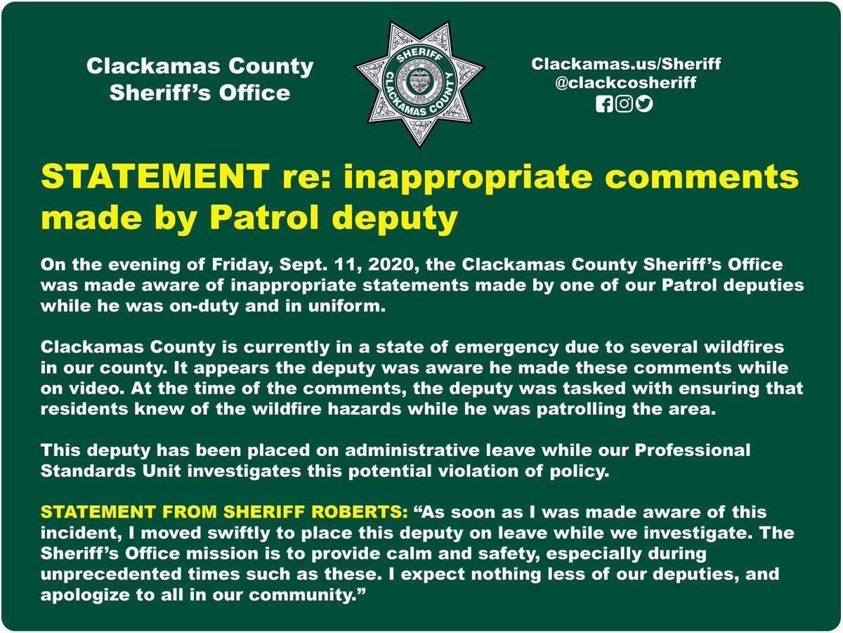 UPDATE: The Sheriff in this video speaking the truth about the severity of the arsons in Clackamas County has been placed on leave. Very unfortunate to be reprimanded for speaking the truth. Let’s get this Sheriff a platform!  #ArsonExposed  https://twitter.com/katiedaviscourt/status/1304634752922656768