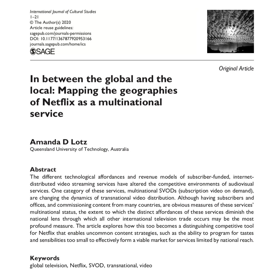 IJCS_journal's tweet photo. Online First: Dr. Lotz analyzes the global dimensions of Netflix and their technical and production-related affordances that blur the boundary of national and global in "In between the global and the local: Mapping the geographies of Netflix as a multinational service." @DrTVLotz https://t.co/MFfTad7RJI