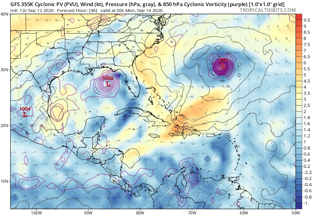 First, the upper-level flow looks to become favorable for intensification. There will be a cutoff low to the SW of Sally, an upper-level trough to the NE of Sally, and an anticyclone over Sally. This flow pattern will result in low wind shear. (2/5)