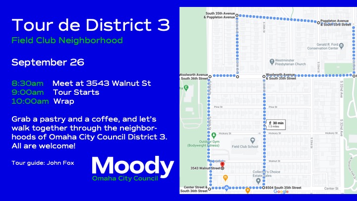 craigmoody's tweet photo. New Tour de District 3 dates added! September 26 in Field Club. 🚶♀️🍩☕️☀️
#Omaha #CCD3 #FieldClub https://t.co/SJy0X6e0vb