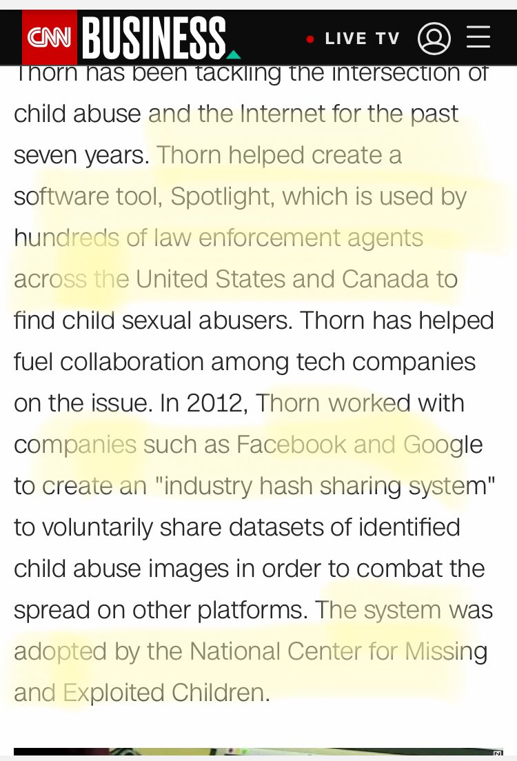 4) Thorn ‘collabs’ with multiple social tech platforms & Google through their Innovation Lab to ‘monitor content.’ The National Center for Missing and Exploited Children also uses Thorn’s software. It “sounds” great in theory... but, who has access??