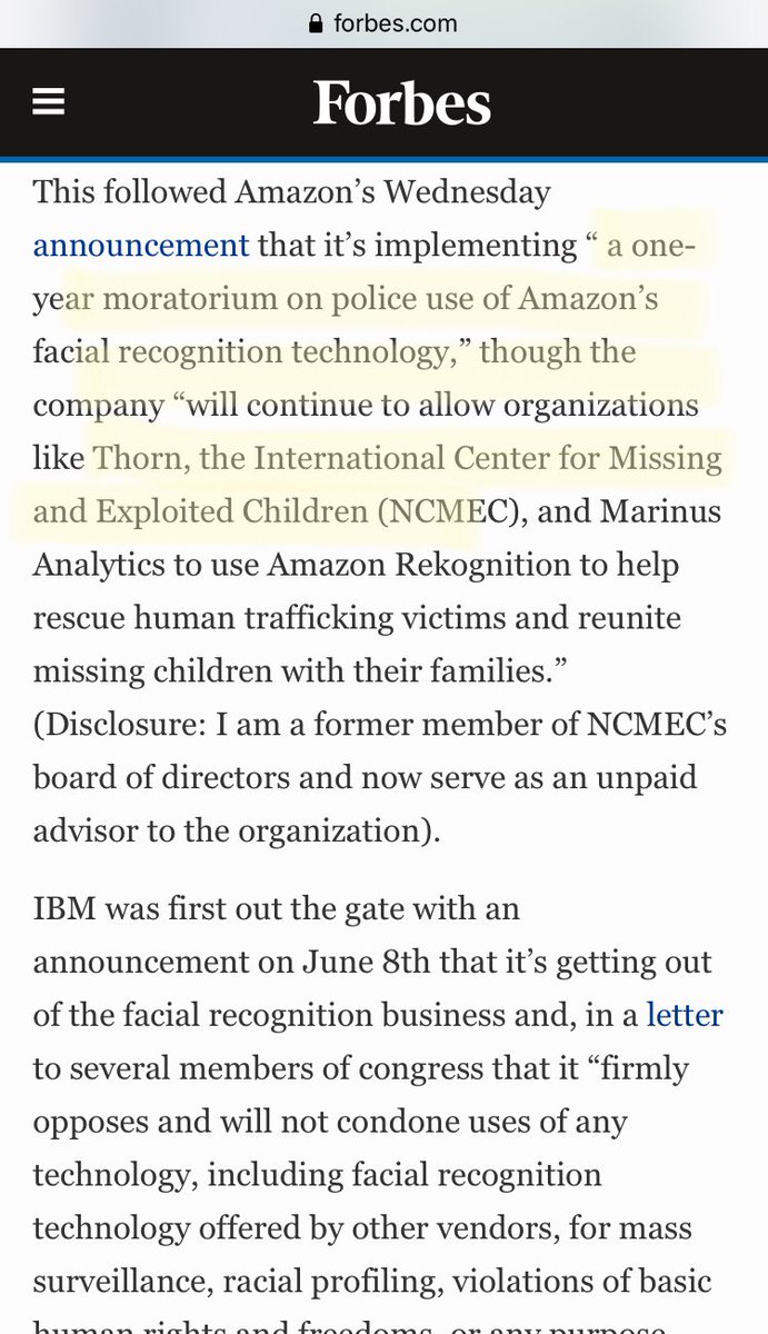 5) Amazon & Microsoft have given Thorn access to use their AI facial recognition. In fact, Microsoft launched software (in Jan 2020) that ‘predicts’ if something ‘might happen’ re: CP & grooming. Microsoft is having THORN decide who can use it. Uhhh, what???