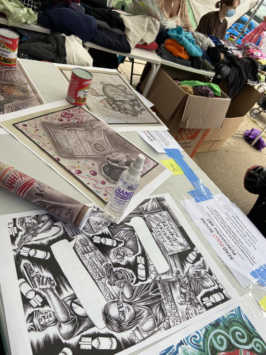 still time to come through! <a href="/copsoutofNU/">#nucommunitynotcops</a> <a href="/nu_abolition/">Abolitionists @ NU</a> along w offering free food, clothes, and books, they are selling amazing art by incarcerated artists Exso and Sharky ⚡️⚡️⚡️⚡️⚡️