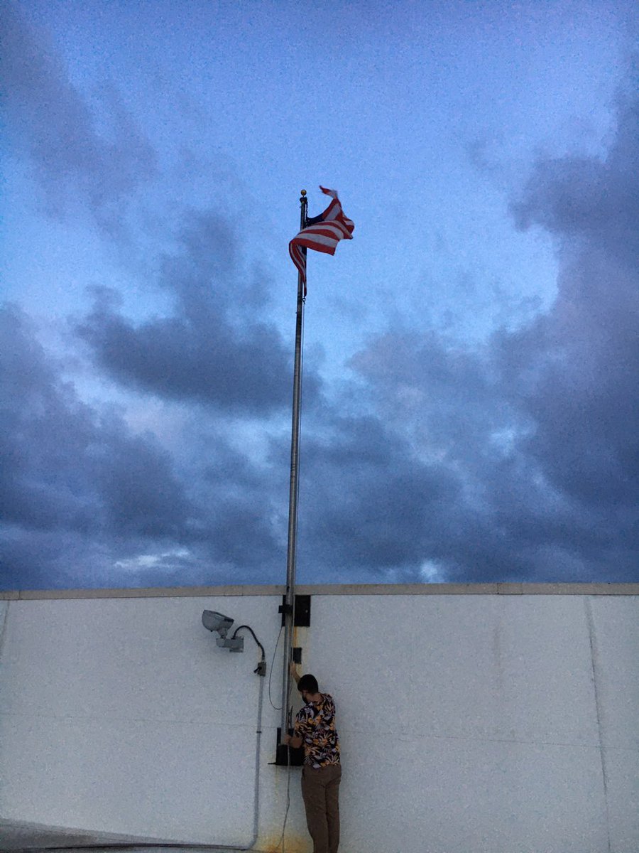Remembering 9/11.  After a moment of silence to honor those that perished, Chris raised our flag to full mast at sunset on 9/11. Never forget. <a href="/mikejones772/">Mike Jones</a> <a href="/jennifercaton2/">Jennifer Caton</a> <a href="/shawn_sptgmorin/">Shawn</a> <a href="/TroySCrawford/">Troy</a> <a href="/BenMortond128/">Ben Morton</a>