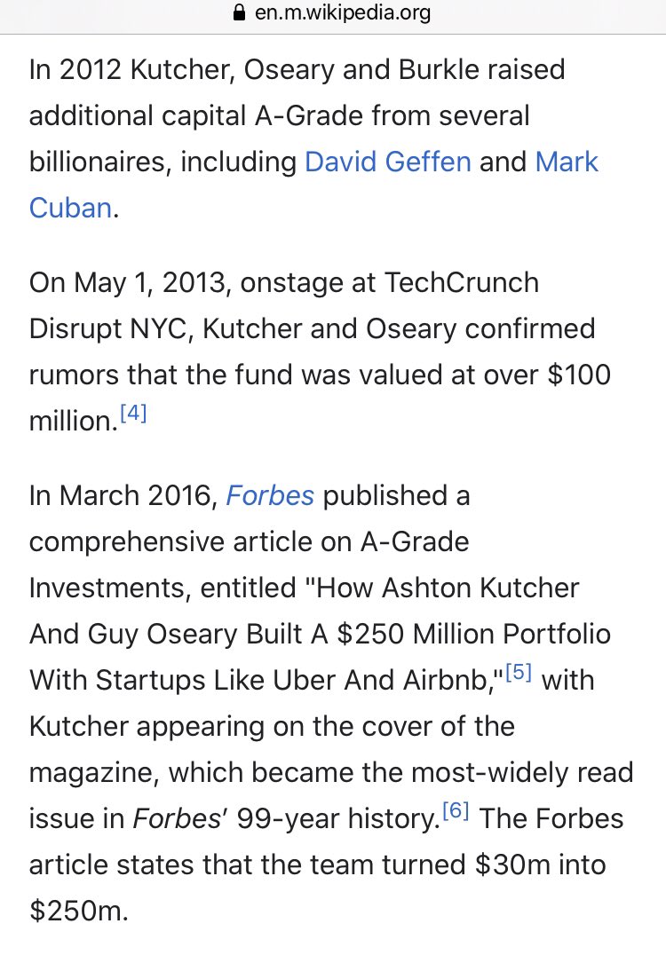 16) Kutcher is tied into investing with Ron Burkle, David Geffen, Mark Cuban, & Guy Oseary...among others. Quite the list...