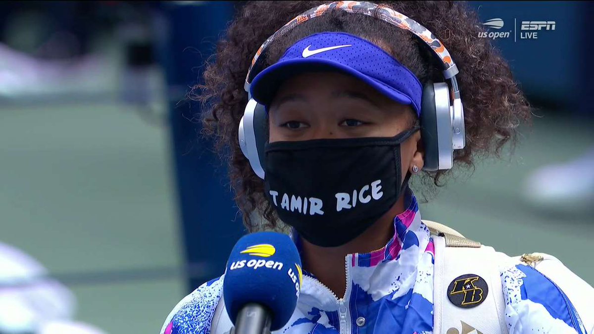 andscape's tweet photo. Naomi Osaka brought seven face masks to the US Open.

Each mask highlights a different Black victim of racial injustice and police brutality.

- Breonna Taylor 
- Elijah McClain 
- Ahmaud Arbery 
- Trayvon Martin 
- George Floyd 
- Philando Castile

Today: Tamir Rice

✊🏽 https://t.co/VRyiWFRhyN