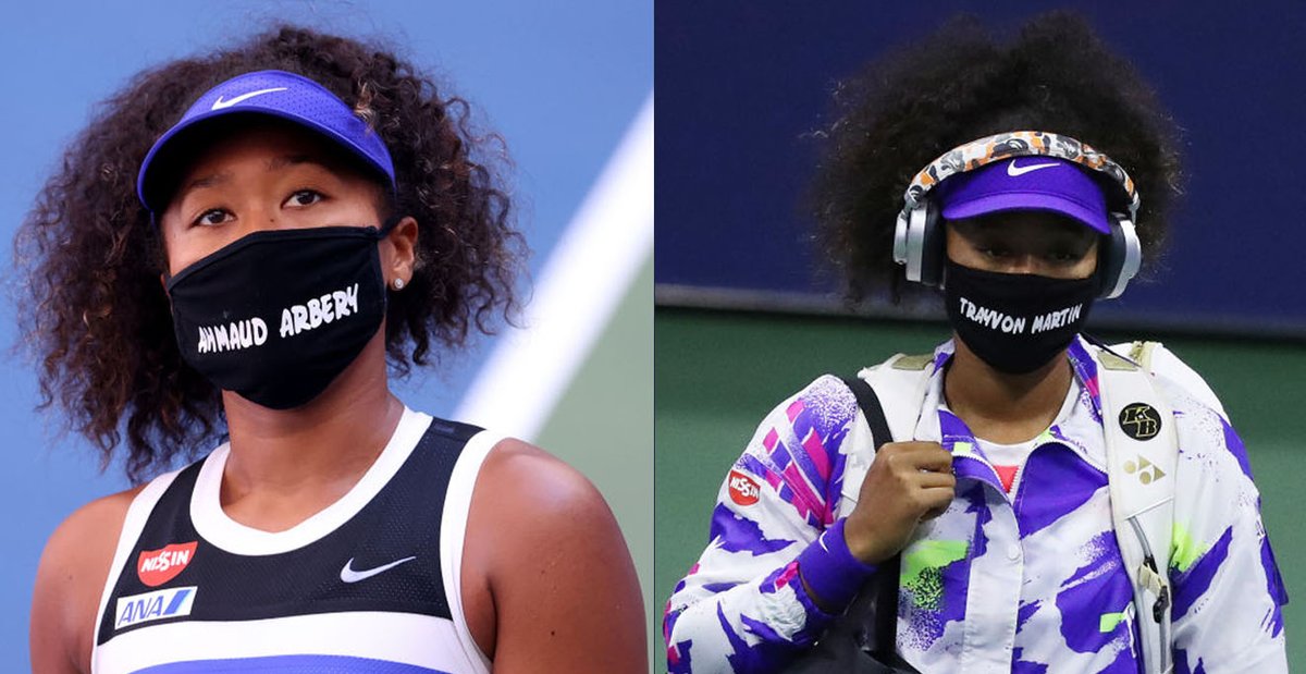 andscape's tweet photo. Naomi Osaka brought seven face masks to the US Open.

Each mask highlights a different Black victim of racial injustice and police brutality.

- Breonna Taylor 
- Elijah McClain 
- Ahmaud Arbery 
- Trayvon Martin 
- George Floyd 
- Philando Castile

Today: Tamir Rice

✊🏽 https://t.co/VRyiWFRhyN