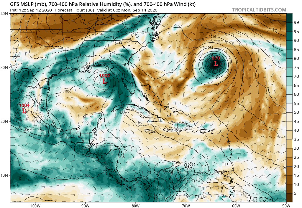 Second, the midlevel environment around Sally looks to be fairly moist. The tropical wave in the central Gulf of Mexico is helping to moisten the environment to the west of Sally. Greater moisture upshear is associated with a higher probability of RI. (4/5)