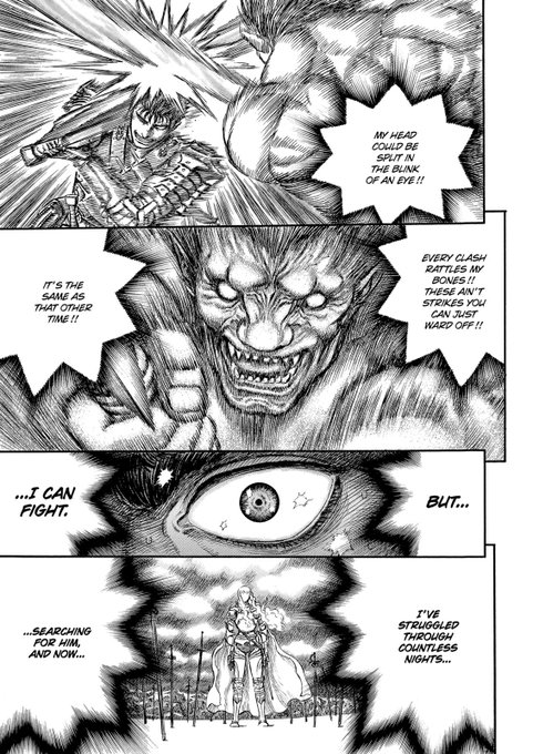 Here we continue the fight but this time we are in the head of Guts, reading his thoughts. It's a nice transition to a second interlude because the speech balloons slow the action.It's interesting to see how Zodd is represented in those panels, he takes up more space than Guts.