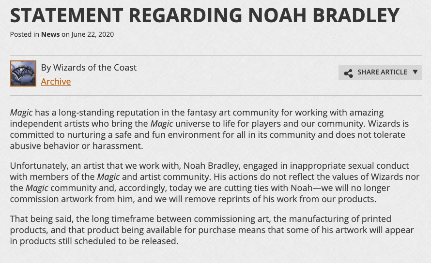 Wizards of the Coast cut ties with him. Artstation deleted his account after he tried rebranding it "Reference Pictures" in an attempt to still earn money by selling photos of himself. He does not deserve to be a part of this community.