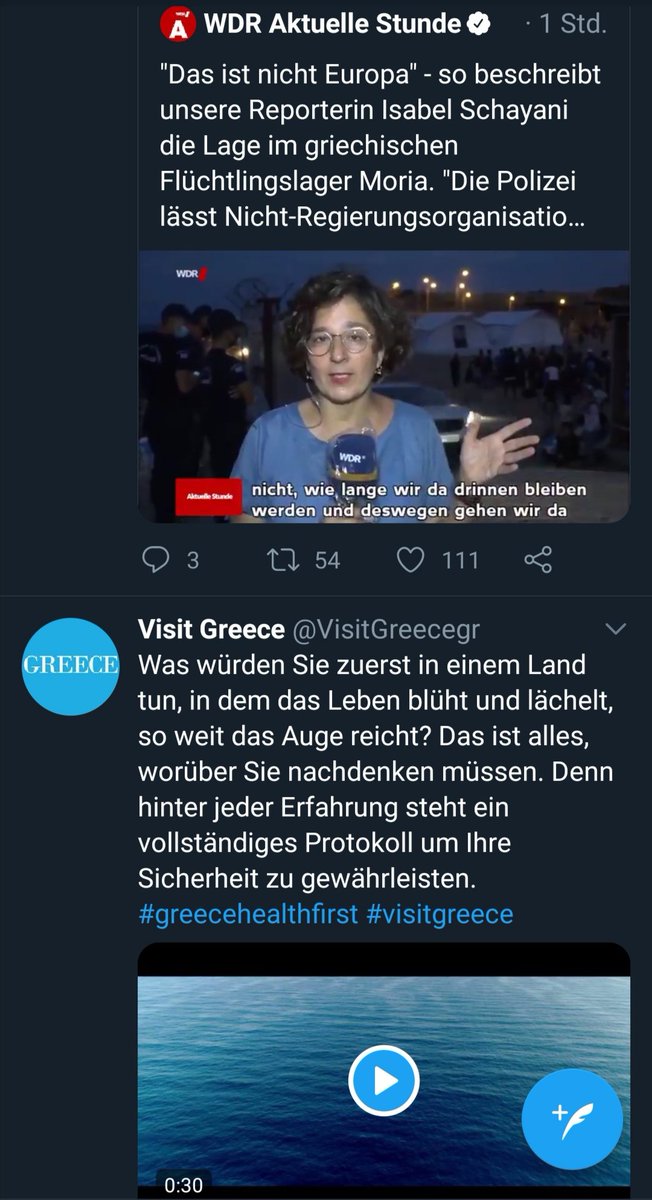 Kleckerkram's tweet photo. Puh. Das hat mir der Twitter-Algorithmus so in die Timeline gebracht. Oben der Bericht, dass die Flüchtlinge Abwasser trinken müssen. Unten die Werbung für #VisitGreece #greecehealthfirst. Ja, richtig. Greece health first. Hmmm.
#Moria https://t.co/gxY2JlDF4G