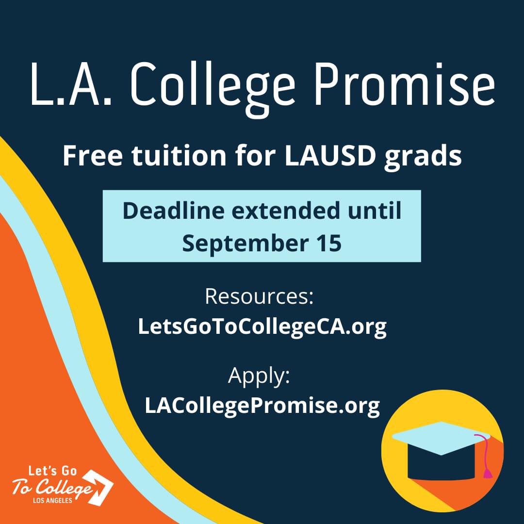 Deadline Extended <a href="/LASchools/">Los Angeles Unified</a> LAUSD grads can enroll in LACCD Community College  tuition-free and receive a free laptop. Classes are online <a href="/bellhighschool/">Bell High School</a> <a href="/BHSGiftedMagnet/">BHS Gifted Magnet</a> @bhs_mtca <a href="/BHSGlobalStudy/">BHS Global Studies</a> @lausdLDE <a href="/AVID4College/">AVID</a> <a href="/CityofBell/">City of Bell</a> <a href="/BCM_CoS/">BCM_COS</a> <a href="/CityOfCudahyCA/">City of Cudahy, CA</a>