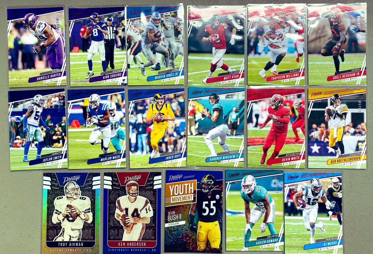 AGaggleOfKids's tweet image. Day before NFL Sunday Kickoff, so it’s football card time! I’m selling all of the below listed for $1 each. The 2 blue parallels (Bush/Anderson) are $2 each. Will sell all at discount. DM me for details! #RedFoil #XtraPoints #BlueParallel #OldSchool #YouthMovement #Panini