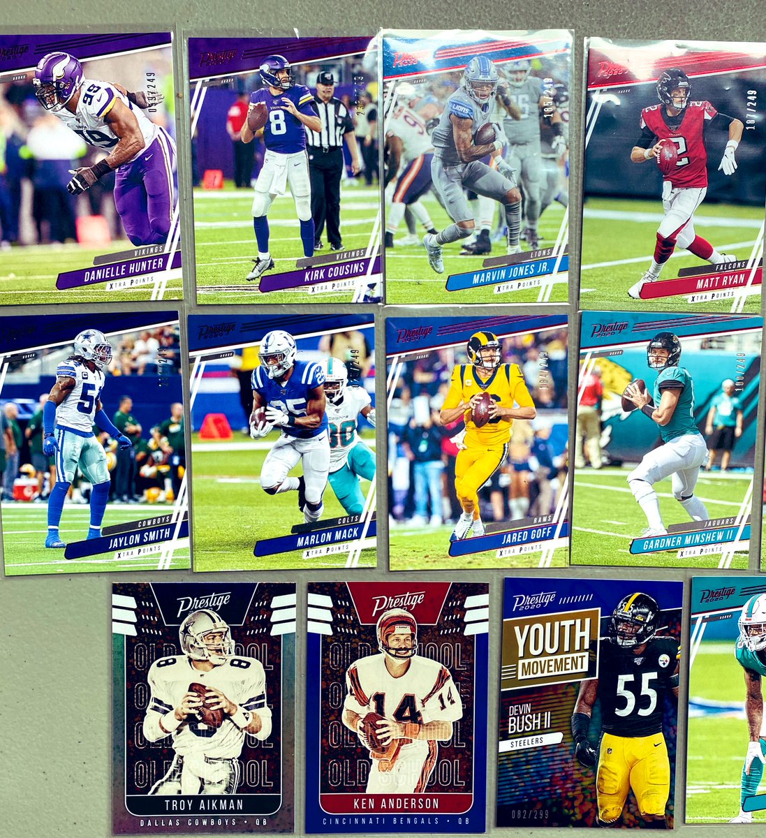AGaggleOfKids's tweet image. Day before NFL Sunday Kickoff, so it’s football card time! I’m selling all of the below listed for $1 each. The 2 blue parallels (Bush/Anderson) are $2 each. Will sell all at discount. DM me for details! #RedFoil #XtraPoints #BlueParallel #OldSchool #YouthMovement #Panini