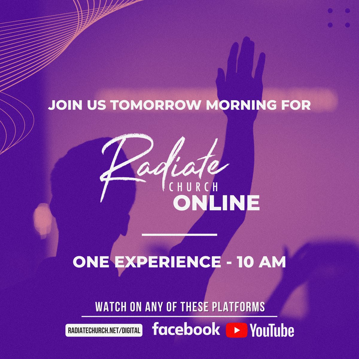 RadiateChurch's tweet photo. Join us for Radiate Church ONLINE tomorrow morning at 10 AM! Share &amp; tag someone to join you for this amazing experience! 
.
https://t.co/WP34KRaUMK
.
#radiatechurchonline #radiatedigital #radiatechurch #elginsc #kcstrong #jesus #wedolifetogether #covid19 https://t.co/uWcg2owS17