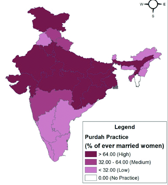 I'm also trying to understand why purdah spread to these parts of India, but no further?This far exceeds Muslim-majority districts.
