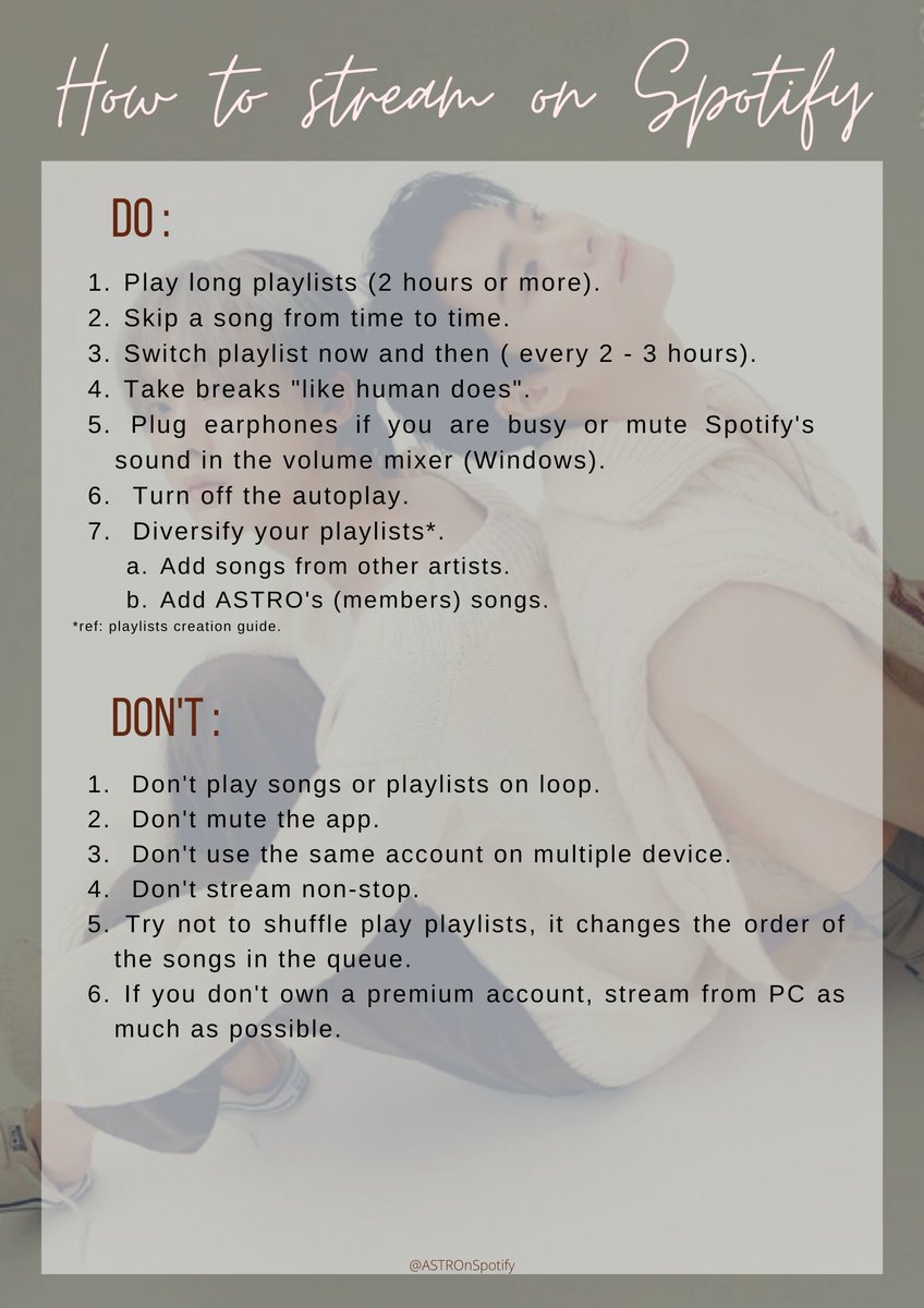 ASTROnSpotify's tweet photo. โน๏ธ Guide - How to stream on Spotify ?
Here is the guide to learn how to stream on Spotify and support MOONBIN&SANHA's debut in the best possible way!
@offclASTRO _ #์์คํธ๋ก _ #ASTRO _ #๋ฌธ๋น _ #์ฐํ โก https://t.co/CdOahSaw4s