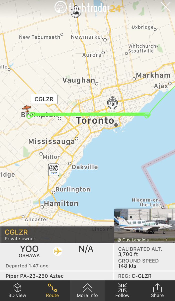 BrendanWarwick's tweet photo. Piper #CGLZR tracing some very straight lines across the top or Toronto and Brampton https://t.co/iI3zVMgrbW