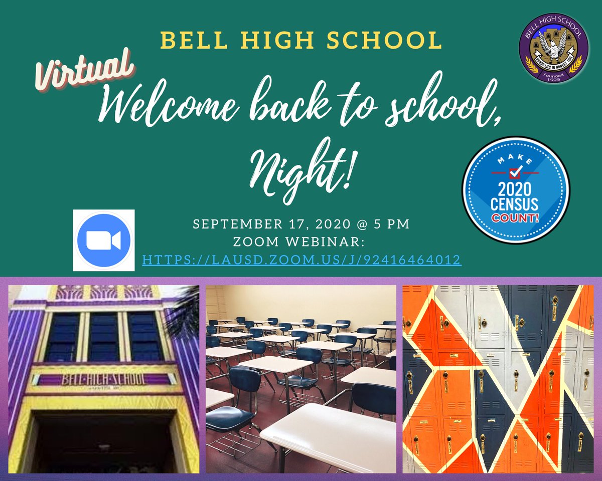 All <a href="/bellhighschool/">Bell High School</a> Families Please join us for Back to School Night on Thursday, September 17th @ 5 pm! See attached flyer for the zoom webinar login #WeAreBell <a href="/BHSGiftedMagnet/">BHS Gifted Magnet</a> <a href="/BHSAVID_familia/">BHS AVID</a> @bhs_mtca <a href="/BHSGlobalStudy/">BHS Global Studies</a> <a href="/BCM_CoS/">BCM_COS</a> @lausdLDE <a href="/Jackie4LAkids/">Jackie Goldberg, LAUSD Board President</a> <a href="/LASchools/">Los Angeles Unified</a> <a href="/CityofBell/">City of Bell</a>