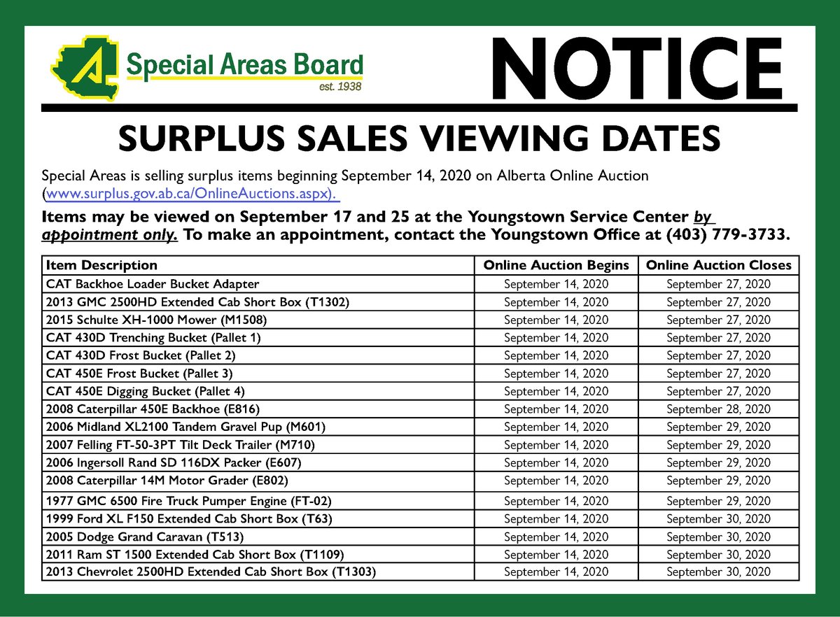 SpecialAreas's tweet image. Special Areas has items available for purchase at ow.ly/gSGp50BnxHP beginning September 14. 

Viewing available by appointment only Sept. 17 &amp;amp; 25 by contacting Youngstown Service Center at (403) 779-3733.

For more information, go to ow.ly/cuxW50BnxHR