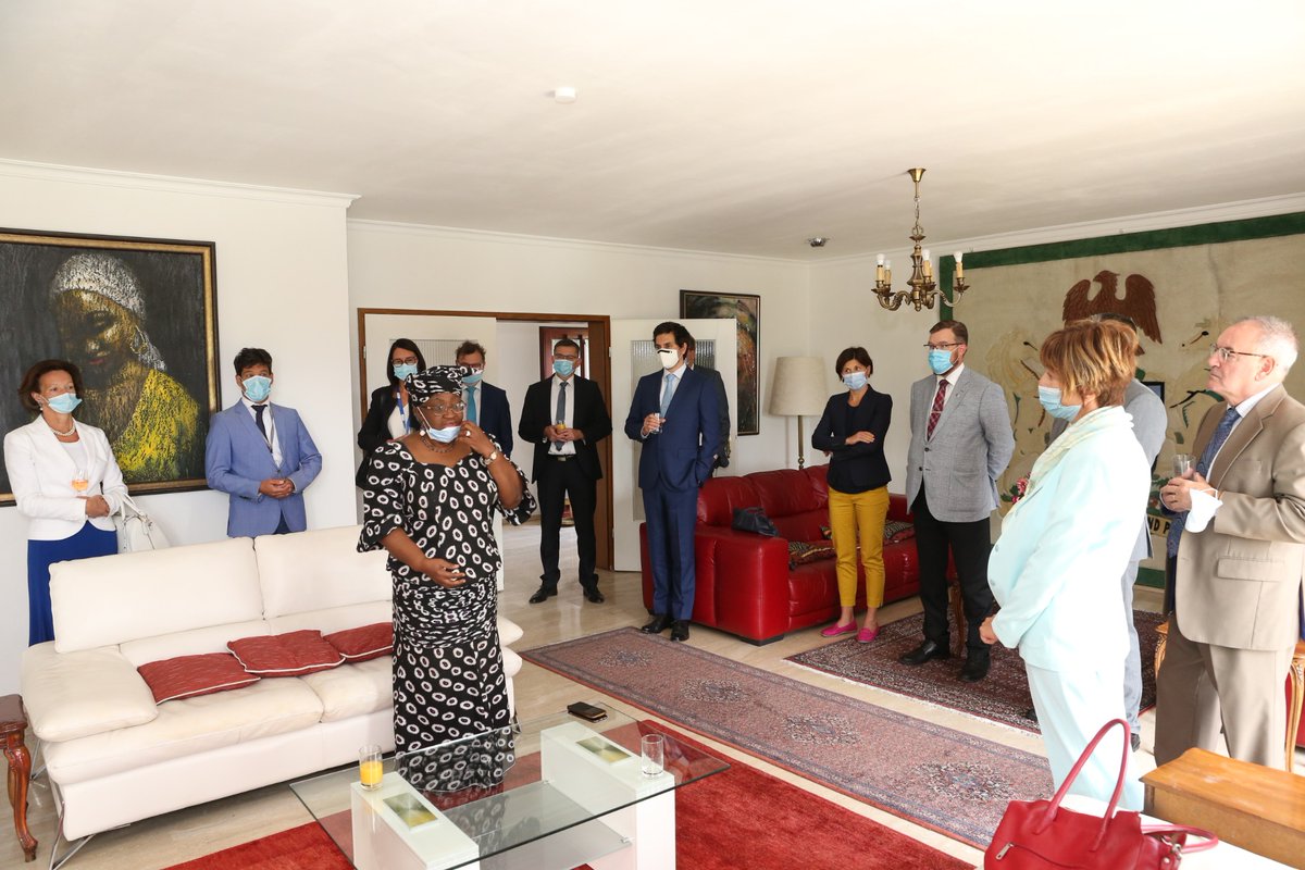 NOIweala's tweet photo. Campaigning in the era of #COVID19. Face masks and elbow bumps with EU @WTO Ambassadors in Geneva. https://t.co/JjhtrfFo59