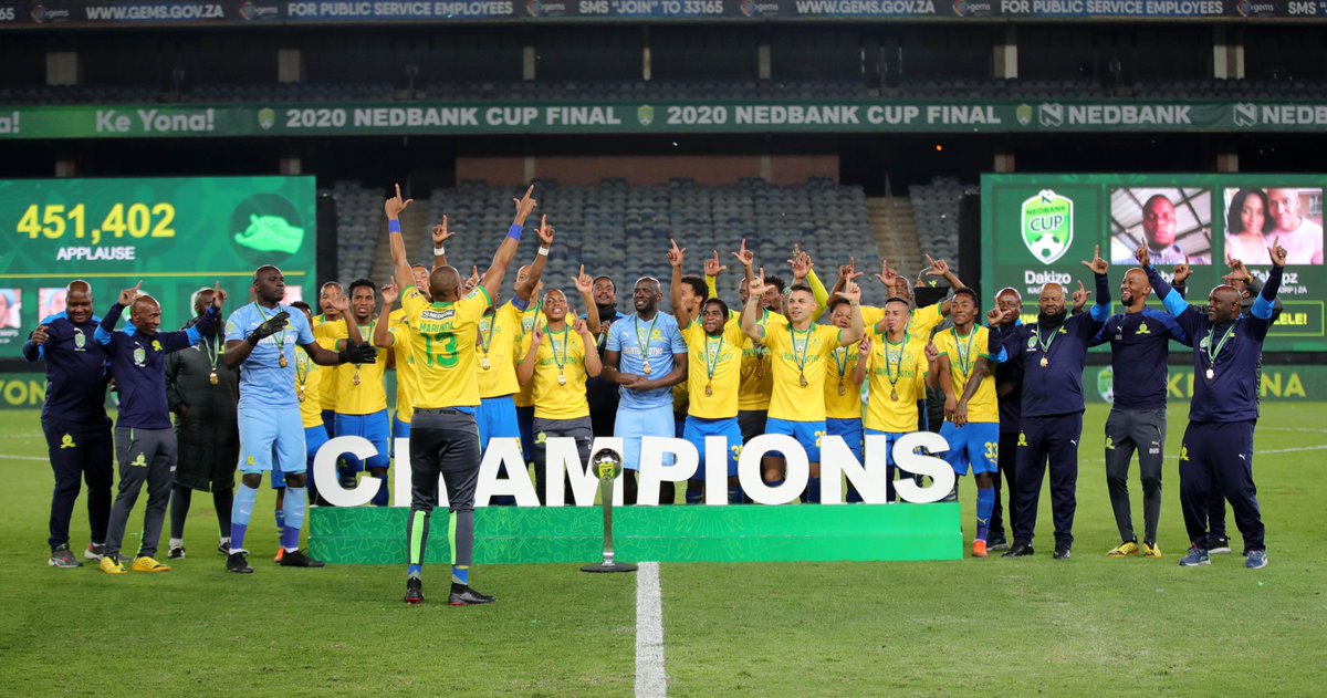 Soccer_Laduma's tweet photo. Mamelodi Sundowns have won the TREBLE by clinching the #NedbankCup! 🏆🏆🏆

Samba Masandawana Samba 🤯 https://t.co/QgAxdI8u4c