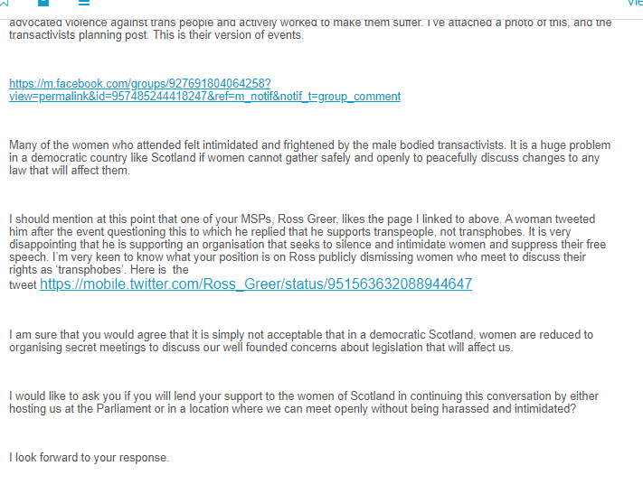 These tactics came as no surprise to a woman who wrote to Mr Harvie in Jan 2018 to ask him for support for the principle of women meeting to discuss GRA without encountering abuse and harassment.