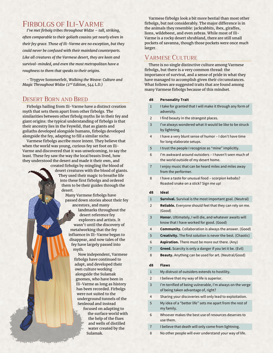 onnoleeworlds's tweet photo. what is it like to live in Ili-Varme? find out with this short and sweet supplement to everything else that's been released this month and get insight into the most widespread culture in the desert country. PDF FREE at https://t.co/UD5mSUuFVh #dnd #dnd5e #homebrew #dndart https://t.co/fvuZeCN695