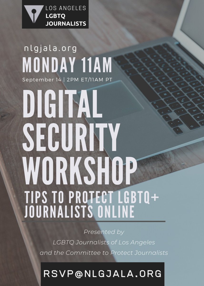LGBTQ Journalists of LA (@nlgjala) on Twitter photo Join our lunchtime journalism workshop Monday! Learn the best practices to protect yourself online as you investigate the stories that matter most. RSVP for Zoom link: rsvp@nlgjala.org & learn more at nlgjala.org! Join our lunchtime journalism workshop Monday! Learn the best practices to protect yourself online as you investigate the stories that matter most. RSVP for Zoom link: rsvp@nlgjala.org & learn more at nlgjala.org!