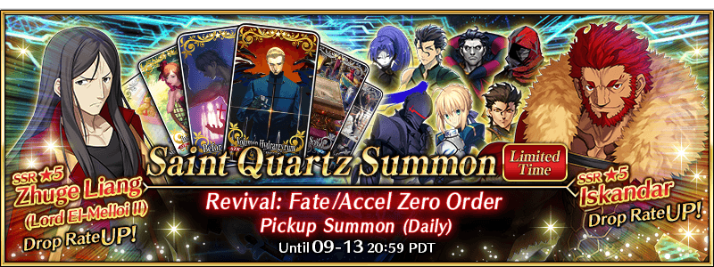 Fate Grand Order Usa The Revival Fate Accel Zero Order Pickup Summon Daily Ends Tomorrow Don T Miss Out On Limited Time Servant 5 Ssr Iskandar As Well As The 8 Other Servants