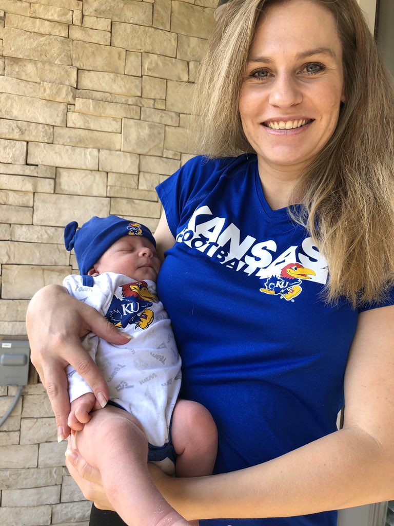 alex_knize's tweet image. Bobby and I are ready to cheer on our Jayhawks tonight #2weeksold #jayhawksarecoming